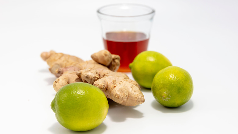 Lime, ginger, and honey on white back ground