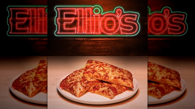 Ellio's neon sign with slices of square pizza on plate