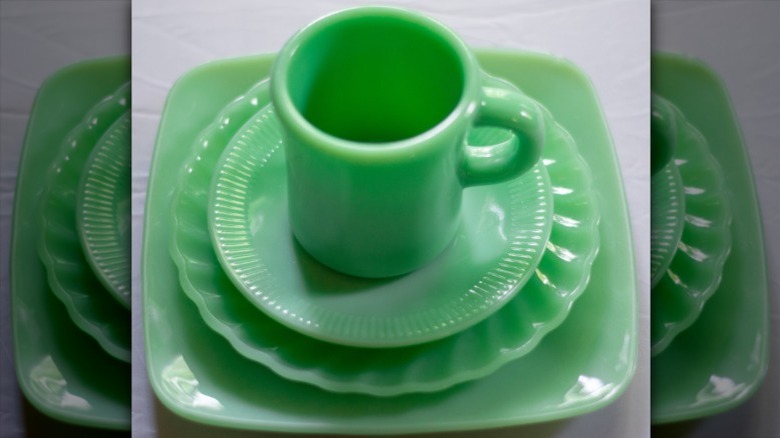 Anchor Hocking Fire-King mug and plates in jade