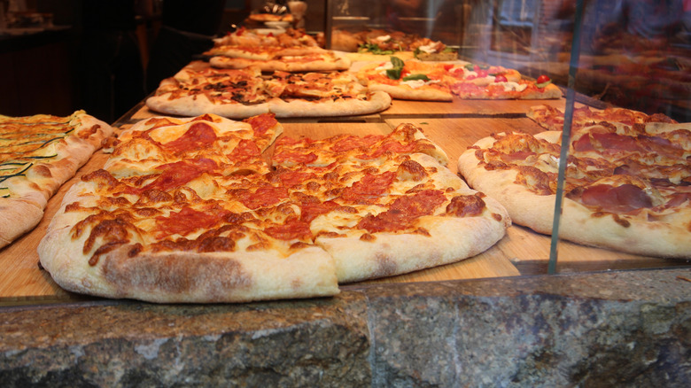 Pepperoni pizza in a display window