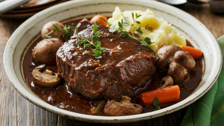 Serving of braised beef surrounded by vegetables
