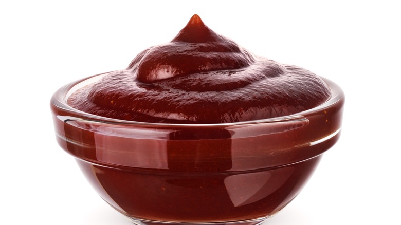 glass dish with BBQ sauce