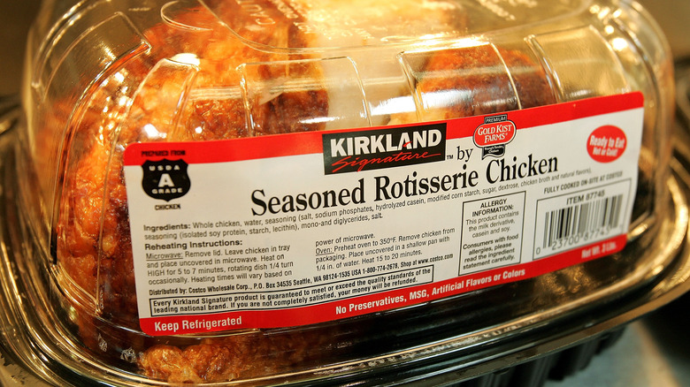 A Costco rotisserie chicken in plastic packaging