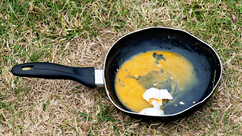 old bent skillet in the grass