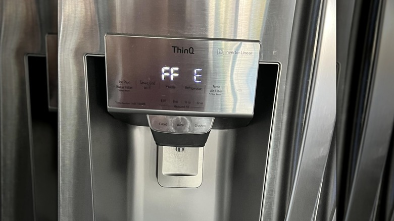 An LG ThinQ refrigerator displaying an FF error code
