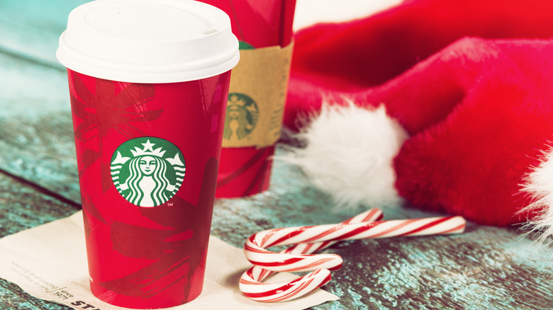 holiday cups and peppermint sticks from Starbucks