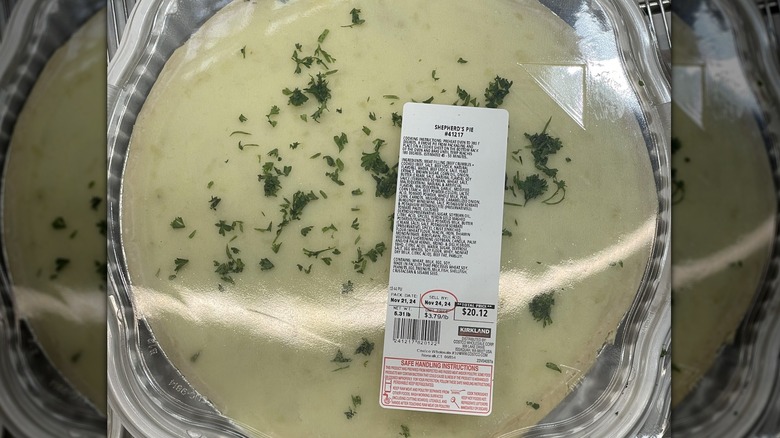 A Kirkland Shepherd's Pie from Costco, viewed from above, still in its packaging