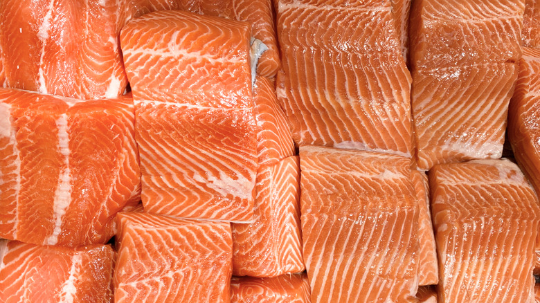 Marbled salmon filets layered together