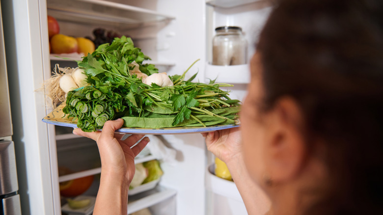 person putting herbs in freezer