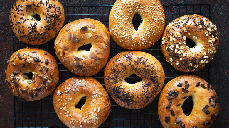 An assortment of bagels on a cooling rack