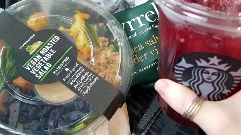 Starbucks vegan roasted vegetable salad with a hibiscus refresher on the side