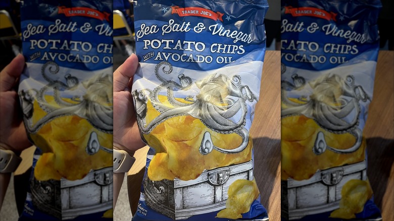 Someone holding salt and vinegar chips bag