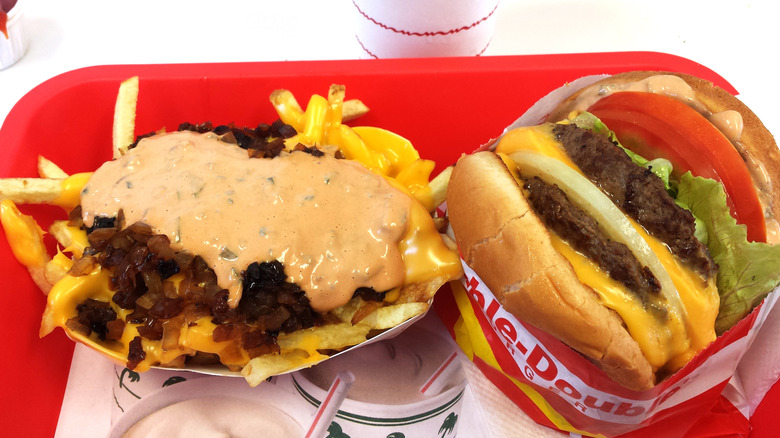Double-double burger and Animal Fries from In-N-Out on a tray