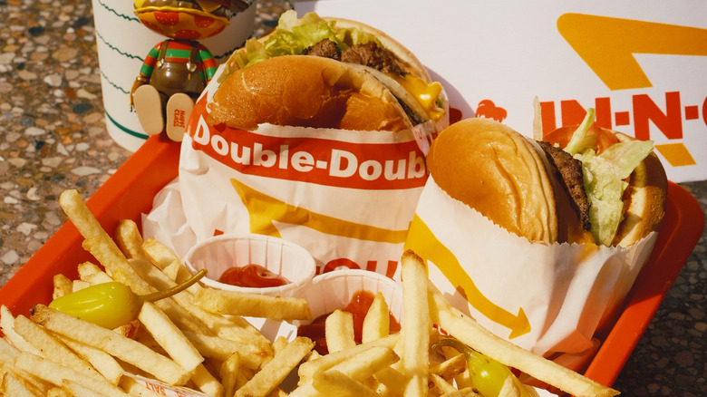 In-N-Out fries and Double-Double burgers on red tray