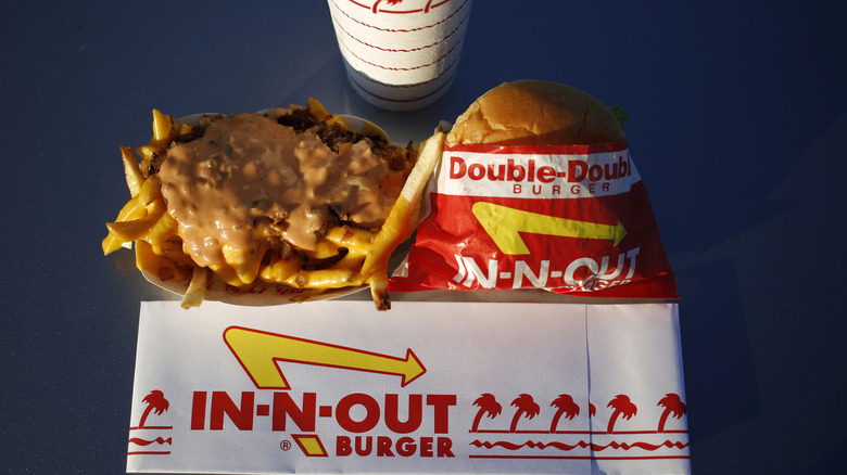 Burger, fries, and hat