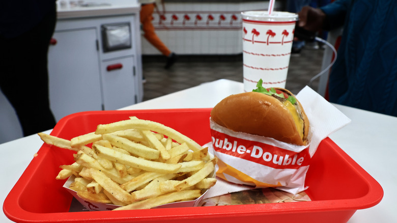 In-N-Out Double Double combo with fries and a drink in a red tray