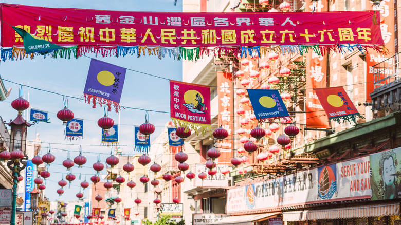 San Francisco's Chinatown decorations hanging above street