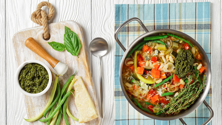 pot of vegetable soup and fresh pesto