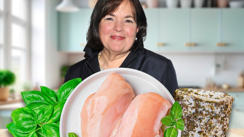 Ina Garten smiling with chicken breasts, basil, and herbed goat cheese