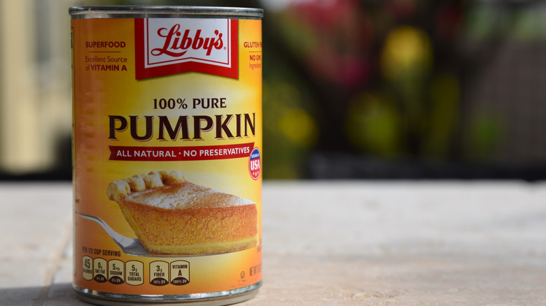 Closeup of can of Libby's pumpkin puree on a table