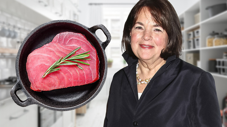 Ina Garten smiling next to tuna steak in pan
