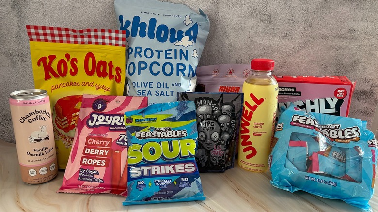 Various influencer food brand items on table
