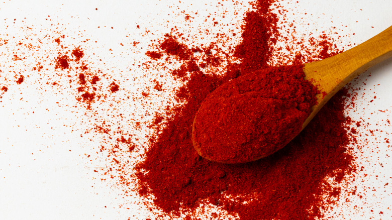 Wooden spoon full of bright red paprika on a white background