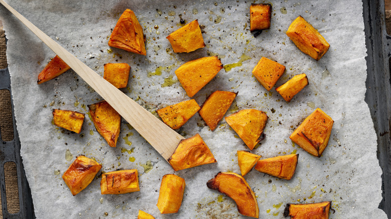Pumpkin chunks on parchment paper