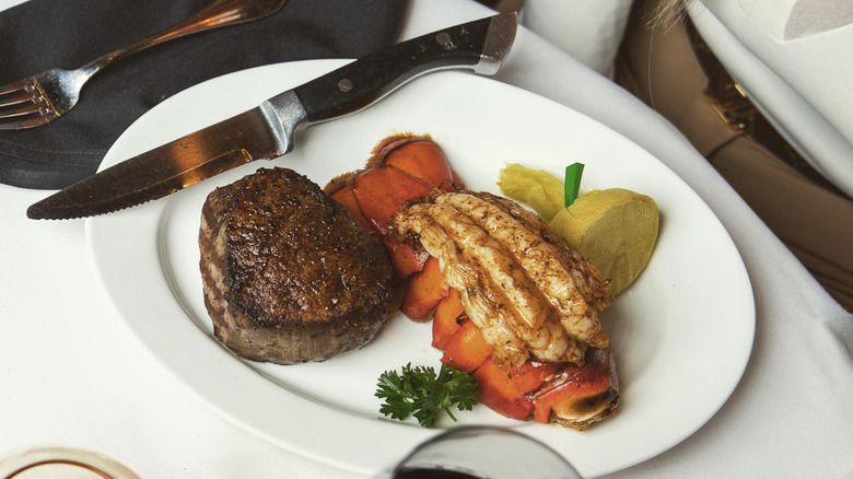 Steak and lobster on table at Jimmy Kelly's Nashville