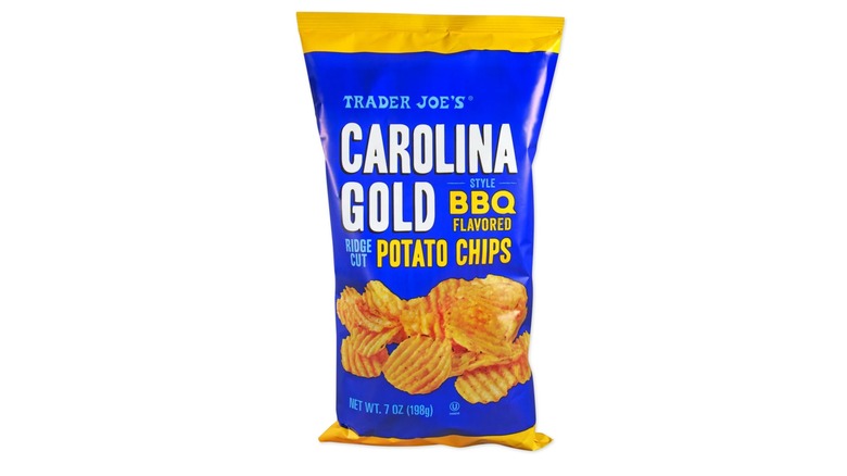 Trader Joe's Carolina Gold Style BBQ Ridge Cut Potato Chips in a blue bag