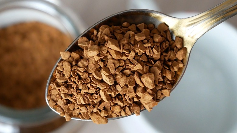Close-up of a spoonful of instant coffee
