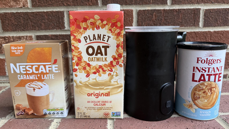 Oat milk, frother, and two types of instant lattes