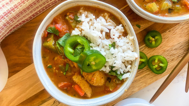 jalapeno-topped gumbo in bowl 