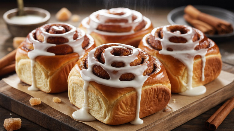 Four cinnamon rolls with a glaze dripping down the sides of them