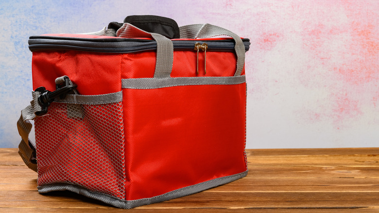 Red insulated cooler with a carrying strap