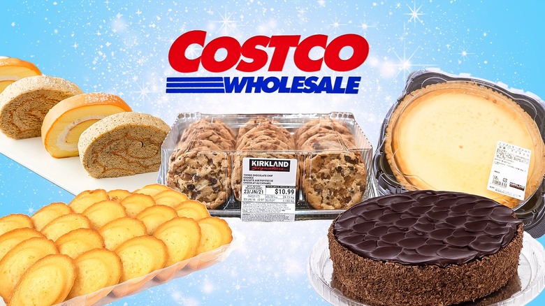 Several Costco bakery items underneath the chain's logo, against a sparkly light blue background