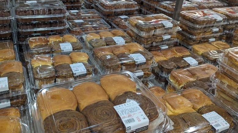 A view of multiple boxes of marble bread stacked in a Costco bakery in Taiwan