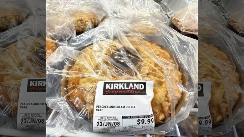 A close-up of a peaches and cream coffee cake at Costco Canada
