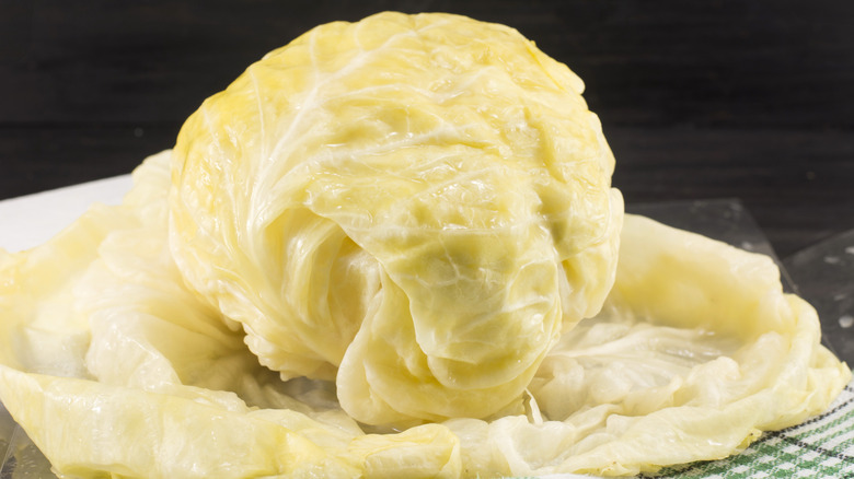 A fermented cabbage head on a table
