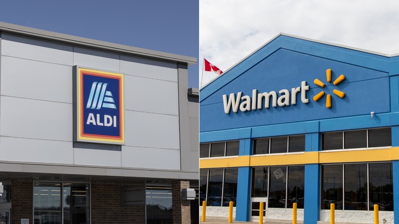 the front of an Aldi store and a Walmart store