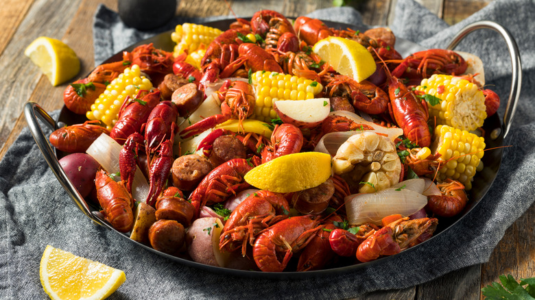 crawfish boil with potatoes and corn