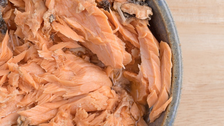 Close-up of canned salmon served on a plate