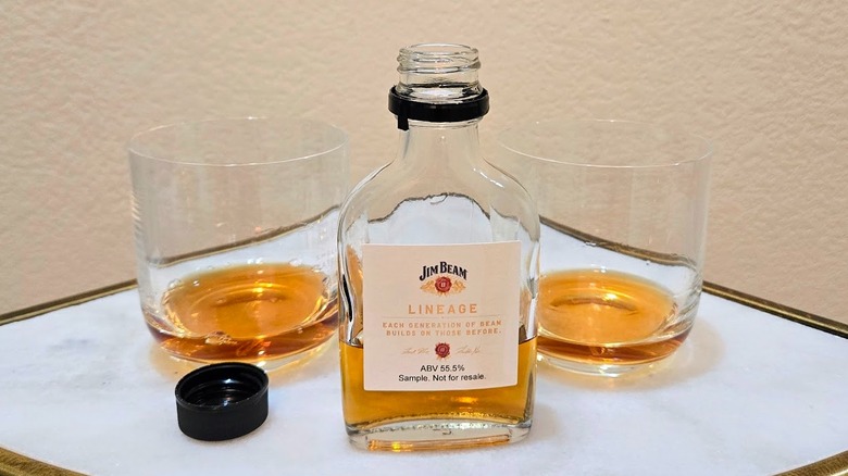 Jim Beam Lineage Batch #2 sample bottle with two glasses