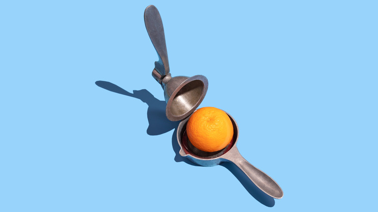 An orange sitting in a metal citrus squeezer
