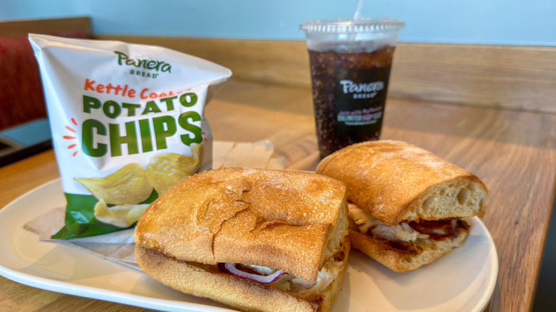 panera sandwich, chips and soda