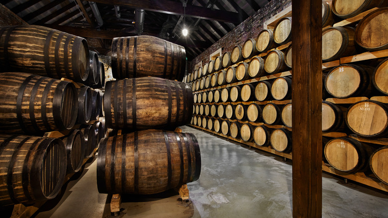 Bourbon aging in wood barrels 
