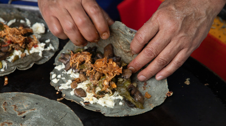 hands folding a blue corn tortilla quesadilla on the comal