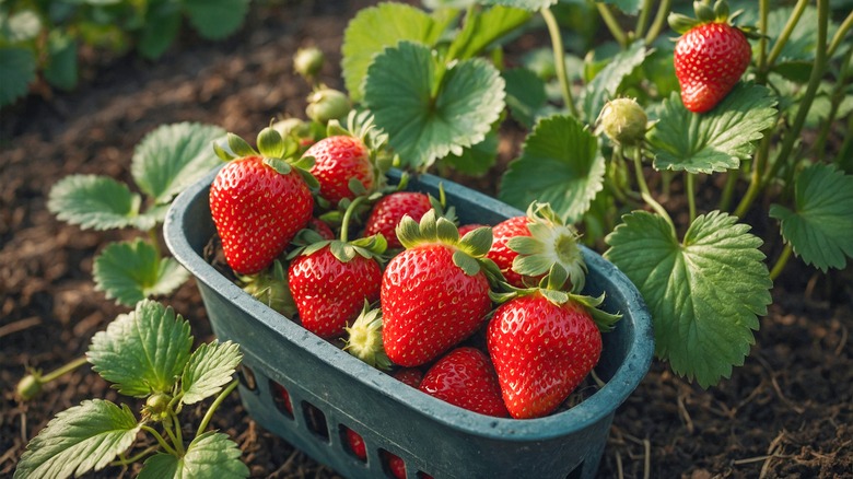 Freshly harvested strawberries resting in a basket in the field