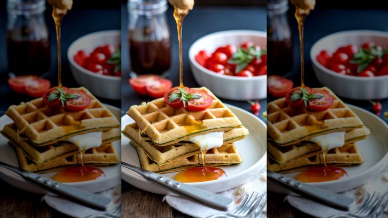 A stack of chickpea waffles topped with tomatoes being drizzled with oil