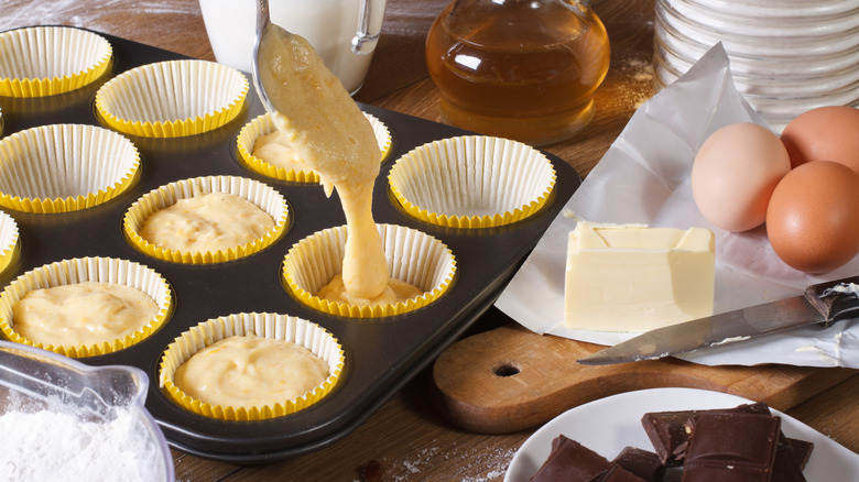 Cupcake batter with scoop of batter